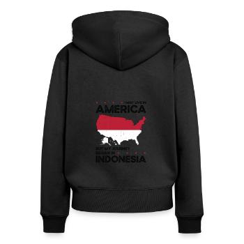 Né Indonésien Indonésie États-Unis - Sweat à capuche zippé Premium bio Femme - noir - Dos - Julia (174cm)