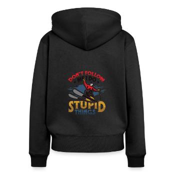 Ne me suivez pas, je fais des choses stupides - Sweat à capuche zippé Premium bio Femme - noir - Dos - Julia (174cm)