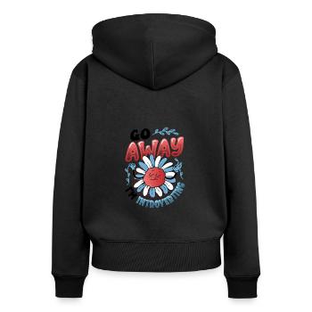 Va-t’en, je suis introverti, timide - Sweat à capuche zippé Premium bio Femme - noir - Dos - Julia (174cm)