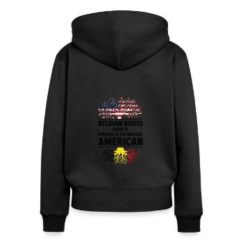 Né en Belgique Belgique États-Unis - Sweat à capuche zippé Premium bio Femme - noir - Dos - Julia (174cm)