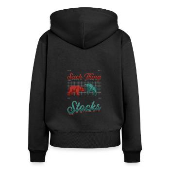 Zu Viele Aktien Gibt Es Nicht, Bullen-Bären-Aktien - Frauen Premium Bio Zip Hoodie - Schwarz - Hinten - Julia (174cm)