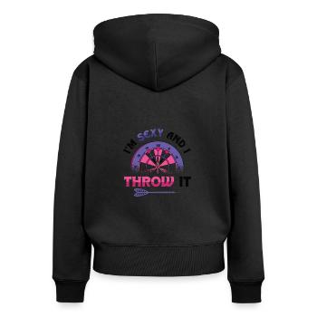 Je suis sexy et je lance une fléchette - Sweat à capuche zippé Premium bio Femme - noir - Dos - Julia (174cm)