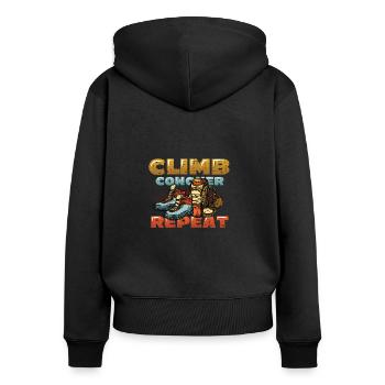 Klettern, Erobern, Wiederholen, Bergsteigern - Frauen Premium Bio Zip Hoodie - Schwarz - Hinten - Julia (174cm)