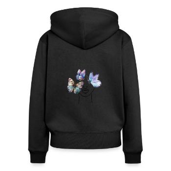 Frau mit Schmetterlingen Sommer Trend Butterfly - Frauen Premium Bio Zip Hoodie - Schwarz - Hinten - Julia (174cm)