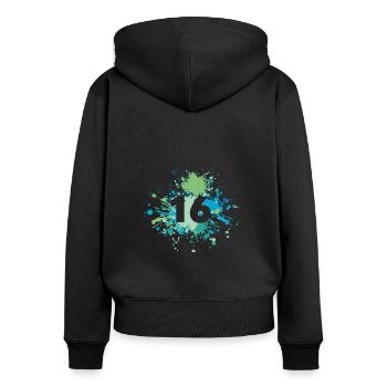 Number 16th Color Splash - Frauen Premium Bio Zip Hoodie - Schwarz - Hinten - Julia (174cm)