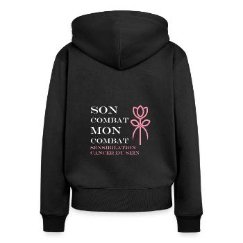 Sensibilisation cancer du sein - Sweat à capuche zippé Premium bio Femme - noir - Dos - Julia (174cm)