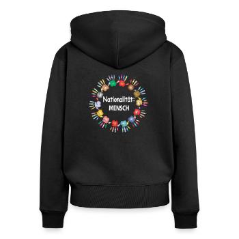 Gegen Rassismus, Nationalität Mensch - Frauen Premium Bio Zip Hoodie - Schwarz - Hinten - Julia (174cm)