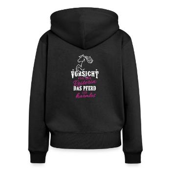 VORSICHT VOR DER REITERIN DAS PFERD IST HARMLOS - Frauen Premium Bio Zip Hoodie - Schwarz - Hinten - Julia (174cm)