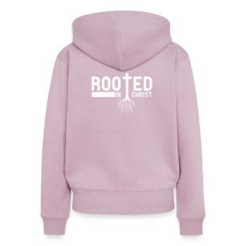 Religion chrétienne enracinée dans le Christ - Sweat à capuche zippé Premium bio Femme - rose poudré - Dos - Julia (174cm)