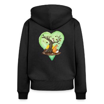 Herbst, Herbst Themen, Fuchs und Eule mit Baum, Herz - Frauen Premium Bio Zip Hoodie - Schwarz - Hinten - Julia (174cm)