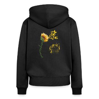 Chat avec Tournesol et Papillons Peinture - Sweat à capuche zippé Premium bio Femme - noir - Dos - Julia (174cm)