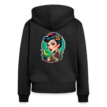 Rockabilly / Pin-up / 50er Jahre - Frauen Premium Bio Zip Hoodie - Schwarz - Hinten - Julia (174cm)