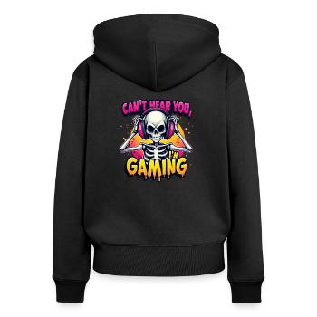 SPIEL - Frauen Premium Bio Zip Hoodie - Schwarz - Hinten - Julia (174cm)