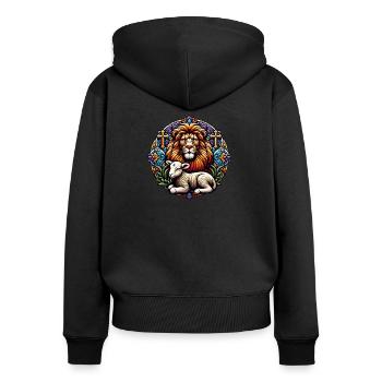 Christliche Kleidung Löwe Und Lamm - Frauen Premium Bio Zip Hoodie - Schwarz - Hinten - Julia (174cm)