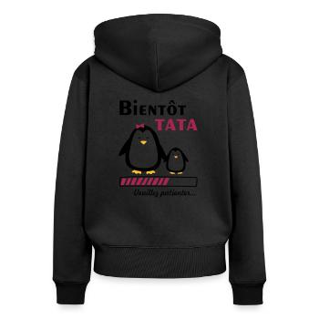 bientôt tata pingouin,future tante - Sweat à capuche zippé Premium bio Femme - noir - Dos - Julia (174cm)