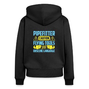 Pipefitter's Caution - Frauen Premium Bio Zip Hoodie - Schwarz - Hinten - Julia (174cm)