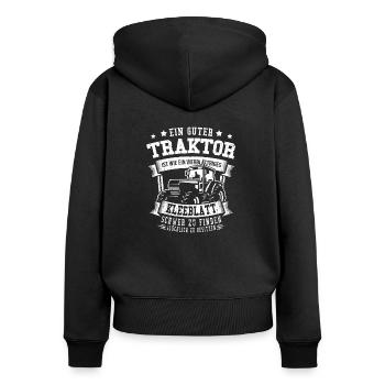 Traktor Shirt · Landwirtschaft · Kleeblatt - Frauen Premium Bio Zip Hoodie - Schwarz - Hinten - Julia (174cm)