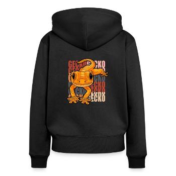 Gecko - Frauen Premium Bio Zip Hoodie - Schwarz - Hinten - Julia (174cm)