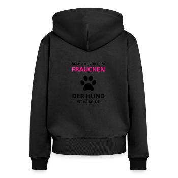 Vorsicht vor dem Frauchen - Frauen Premium Bio Zip Hoodie - Schwarz - Hinten - Julia (174cm)