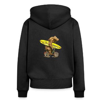 Bär mit Surfbrett von Kalifornien auf Fahrrad - Frauen Premium Bio Zip Hoodie - Schwarz - Hinten - Julia (174cm)