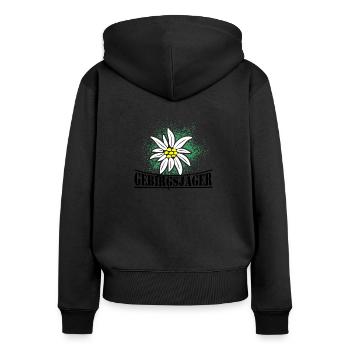 Gebirgsjäger Blume Distel Logo - Frauen Premium Bio Zip Hoodie - Schwarz - Hinten - Julia (174cm)