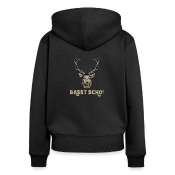 Basst Scho, Bayrisch, Bayern Hirsch - Frauen Premium Bio Zip Hoodie - Schwarz - Hinten - Julia (174cm)