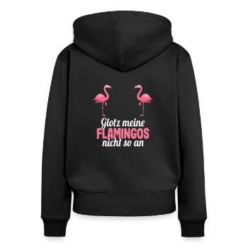 Glotz meine Flamingos nicht so an Party JGA Spruch - Frauen Premium Bio Zip Hoodie - Schwarz - Hinten - Julia (174cm)