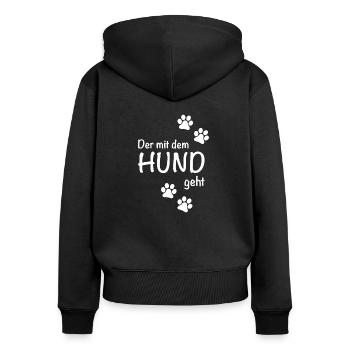 Der mit dem Hund geht - Frauen Premium Bio Zip Hoodie - Schwarz - Hinten - Julia (174cm)