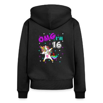 OMG I'm 16 Lustige Einhorn Unicorn Geburtstagsidee - Frauen Premium Bio Zip Hoodie - Schwarz - Hinten - Julia (174cm)