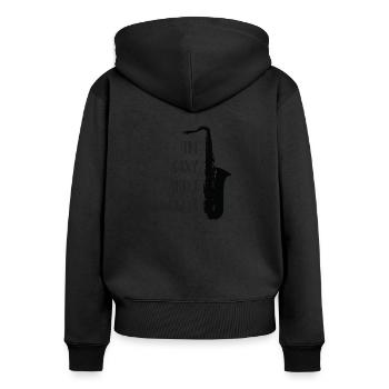Saxophon, Sax Design - Ich bin Saxy und ich weiß es - Frauen Premium Bio Zip Hoodie - Schwarz - Hinten - Julia (174cm)