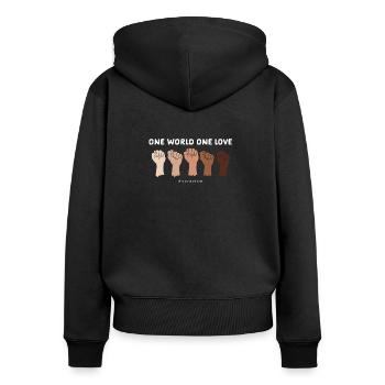 Gegen Rassimus - One Love - Frauen Premium Bio Zip Hoodie - Schwarz - Hinten - Julia (174cm)