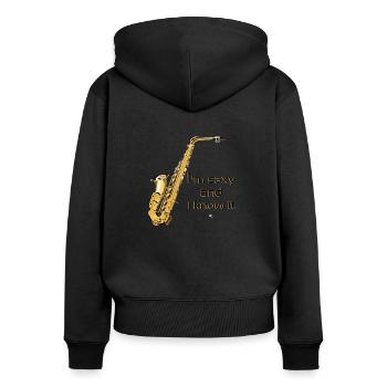 Saxophones image avec inscription - Sweat à capuche zippé Premium bio Femme - noir - Dos - Julia (174cm)