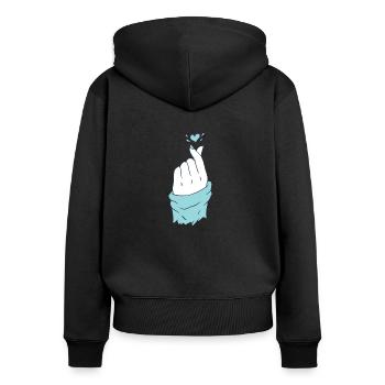 Coeur coréen main deux doigts formant un coeur - Sweat à capuche zippé Premium bio Femme - noir - Dos - Julia (174cm)