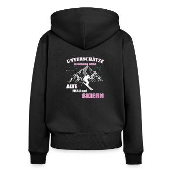 Skifahrerin, Alte Frau auf Skiern - Frauen Premium Bio Zip Hoodie - Schwarz - Hinten - Julia (174cm)