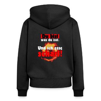 Du bist was du isst ich esse scharf chili Spruch - Frauen Premium Bio Zip Hoodie - Schwarz - Hinten - Julia (174cm)