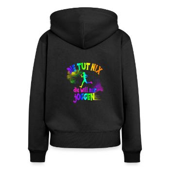 Läuferin, die tut nix, die will nur joggen, Jogger - Frauen Premium Bio Zip Hoodie - Schwarz - Hinten - Julia (174cm)