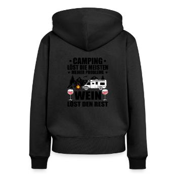 Camping und Wein - Frauen Premium Bio Zip Hoodie - Schwarz - Hinten - Julia (174cm)