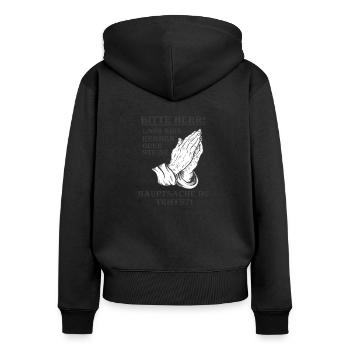 Bitte Herr lass Hirn regnen oder Steine Lustig - Frauen Premium Bio Zip Hoodie - Schwarz - Hinten - Julia (174cm)