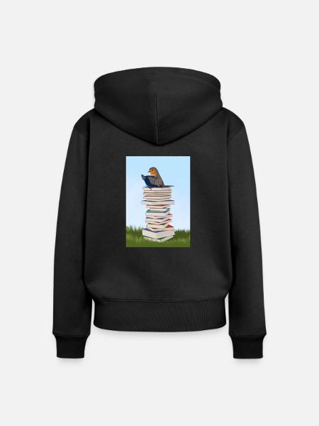 Rotkehlchen liest Bücher Vogelfreund Singvogel - Frauen Premium Bio Zip Hoodie - Schwarz