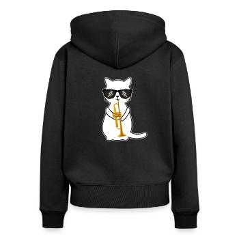Funny trumpet-playing cat - trumpeter - Women's Premium Organic Zip Hoodie - black - Back - Julia (174cm)