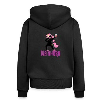 Weinhorn tanzendes schwarzes Einhorn mit Wein - Frauen Premium Bio Zip Hoodie - Schwarz - Hinten - Julia (174cm)