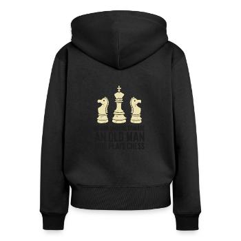 Unterschätzen Sie niemals einen alten Mann, der - Frauen Premium Bio Zip Hoodie - Schwarz - Hinten - Julia (174cm)