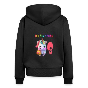 Ich bin schon 8 Süsses Einhorn mit Rucksack Motiv - Frauen Premium Bio Zip Hoodie - Schwarz - Hinten - Julia (174cm)