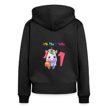 Ich bin schon 1 Süsses Einhorn mit Rucksack Motiv - Frauen Premium Bio Zip Hoodie - Schwarz - Hinten - Julia (174cm)