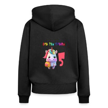 Ich bin schon 5 Süsses Einhorn mit Rucksack Motiv - Frauen Premium Bio Zip Hoodie - Schwarz - Hinten - Julia (174cm)