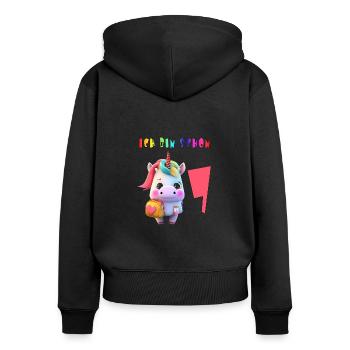Ich bin schon 7 Süsses Einhorn mit Rucksack Motiv - Frauen Premium Bio Zip Hoodie - Schwarz - Hinten - Julia (174cm)