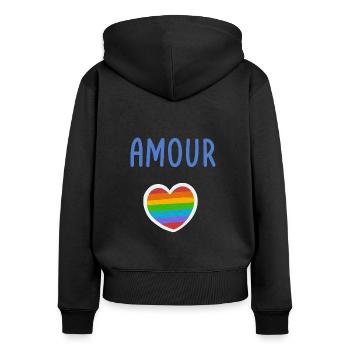 T-shirt Amour Gay - Sweat à capuche zippé Premium bio Femme - noir - Dos - Julia (174cm)