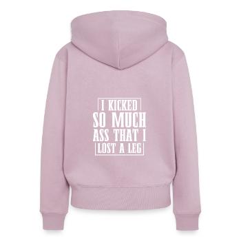 J’ai donné tellement de coups de pied aux fesses que - Sweat à capuche zippé Premium bio Femme - rose poudré - Dos - Julia (174cm)