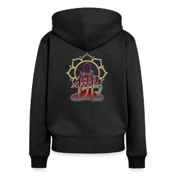 BUDDHA / Zeichen, Figur, Lotusblüte - Frauen Premium Bio Zip Hoodie - Schwarz - Hinten - Julia (174cm)
