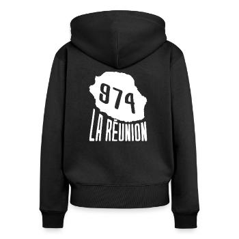 Belle idee cadeau carte ile de la reunion 974 - Sweat à capuche zippé Premium bio Femme - noir - Dos - Julia (174cm)